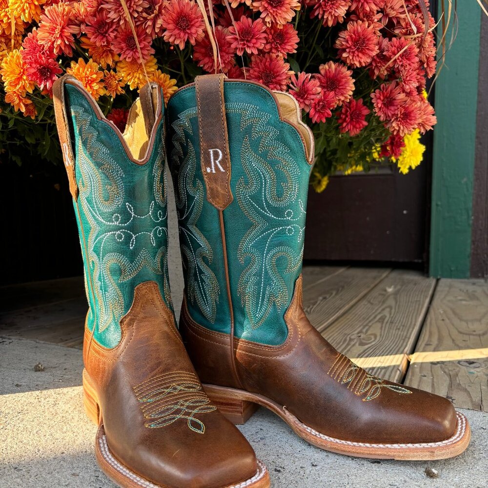 R. Watson Women's Azure & Honey Wide Square Toe Western Cowgirl Boots RWL8305-2